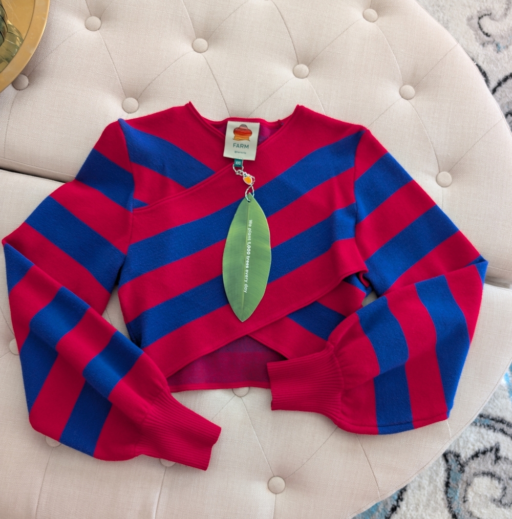 New Farm Rio Red and Blue Striped Wrap Knit Sweater $285